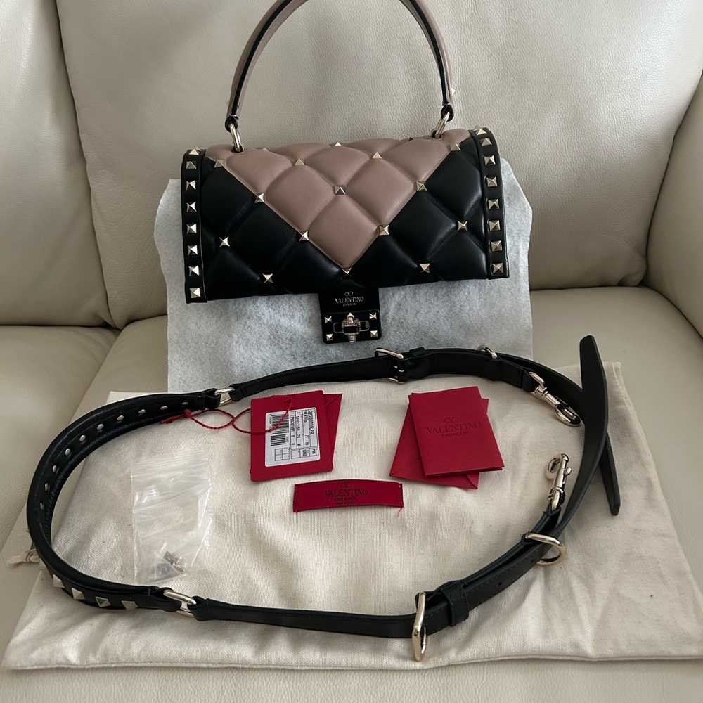 Valentino Black and Tan Studded Shoulder Bag